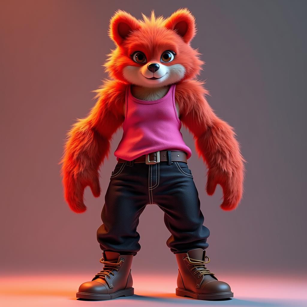 Anthropomorphic Red Bear in Urban Outfit, 3D Anime Style