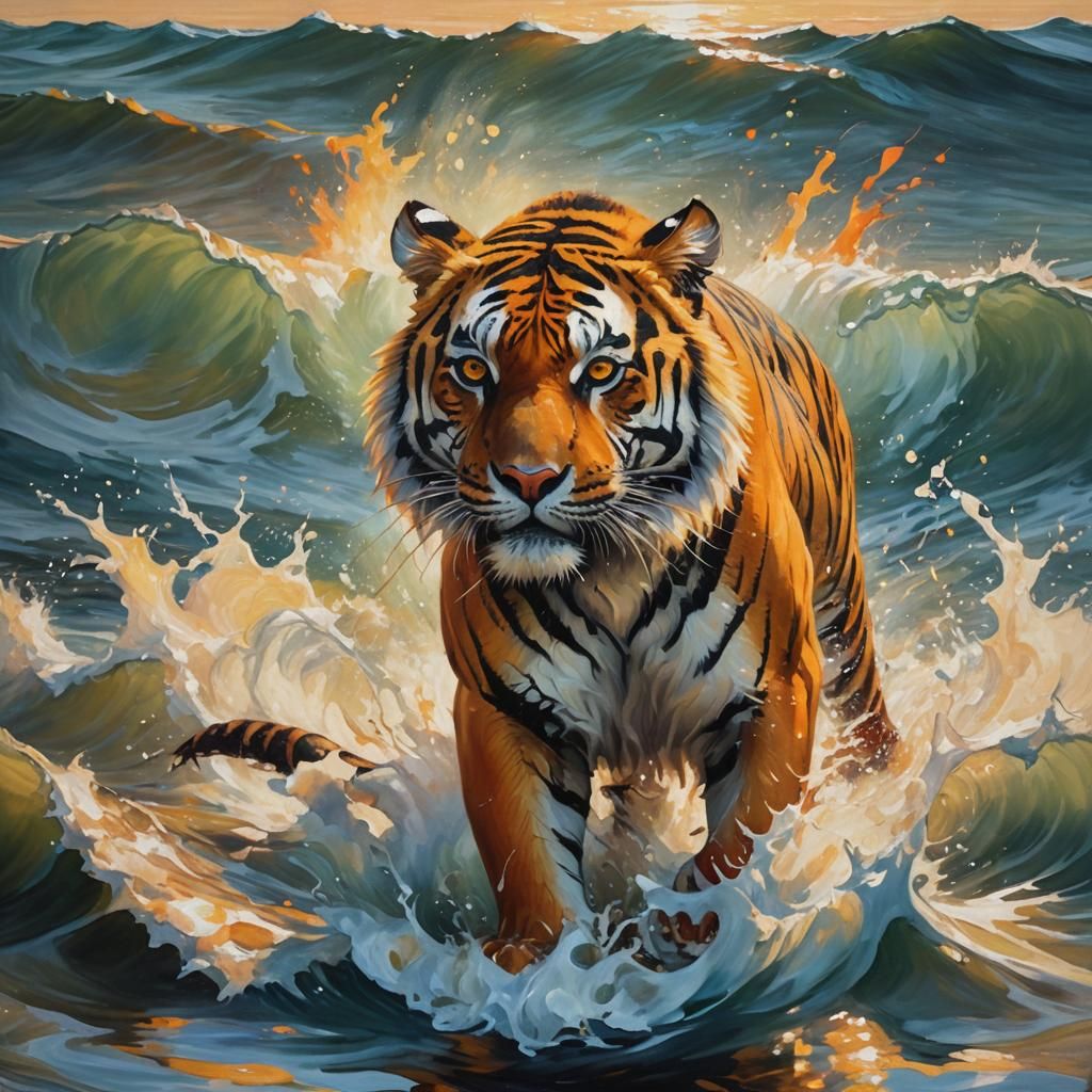 Tiger in Ocean: A Franz Marc-Inspired Oil Painting