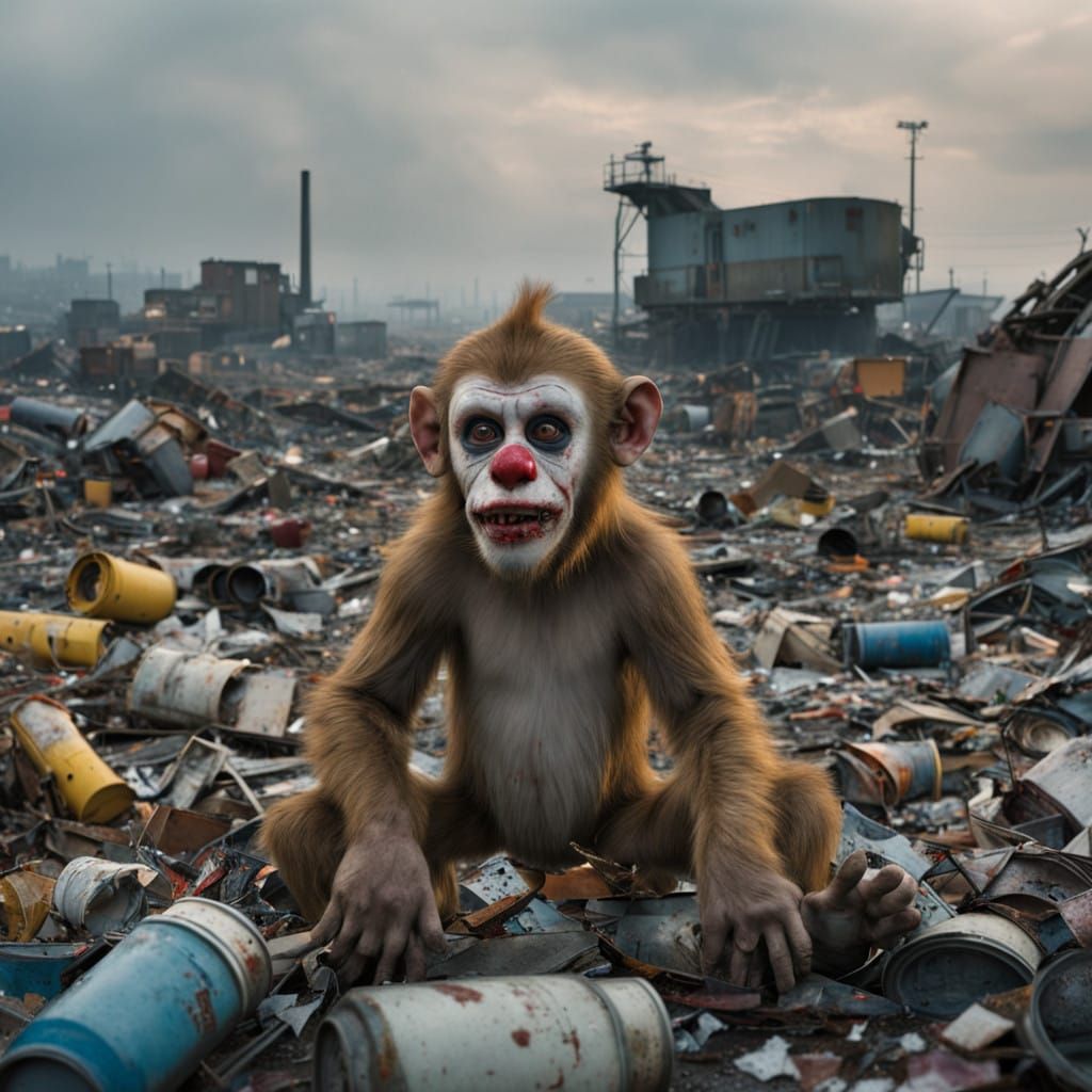 Grotesque Clown Zombie Monkeys Play in Landfill Chaos