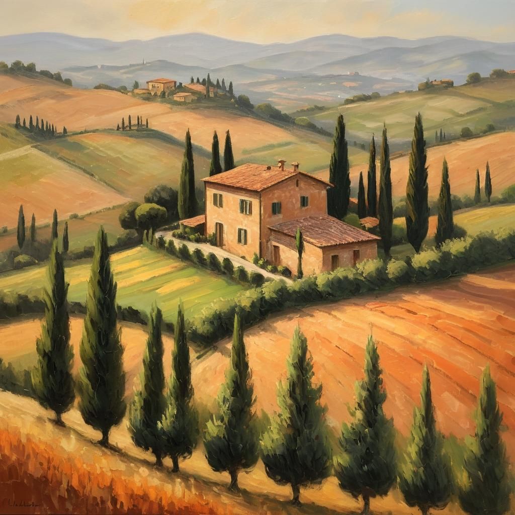 Tuscan Farmhouse Landscape in Impressionist Style