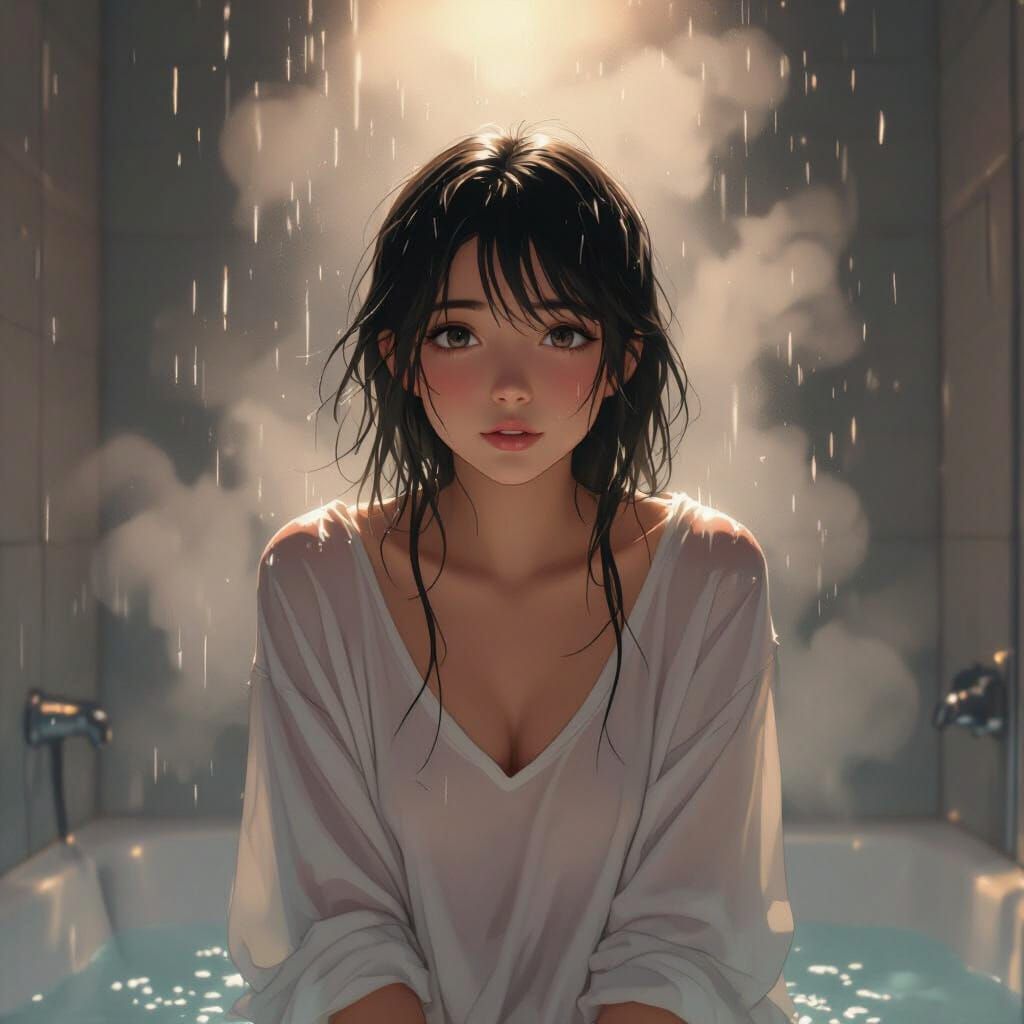 Girl Showering in Dreamy Bathroom, Loish Style