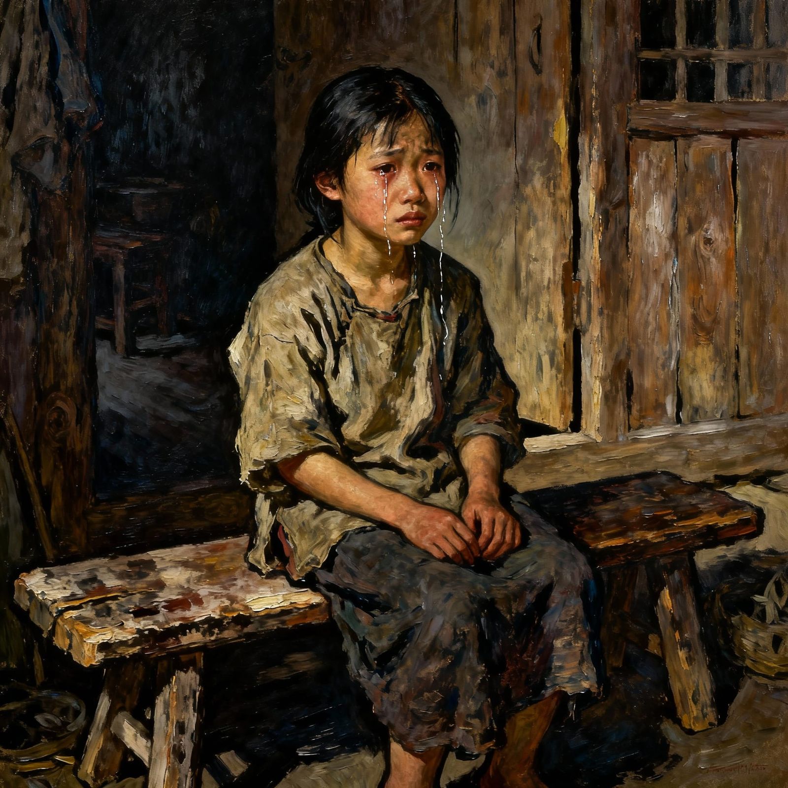 Girl Crying in Impoverished Home as Impasto Painting