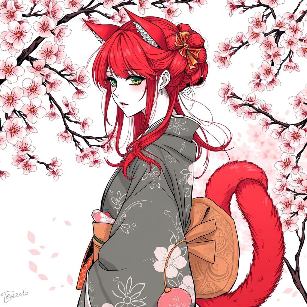 Elegant Redhead in Cherry Blossom Wonderland