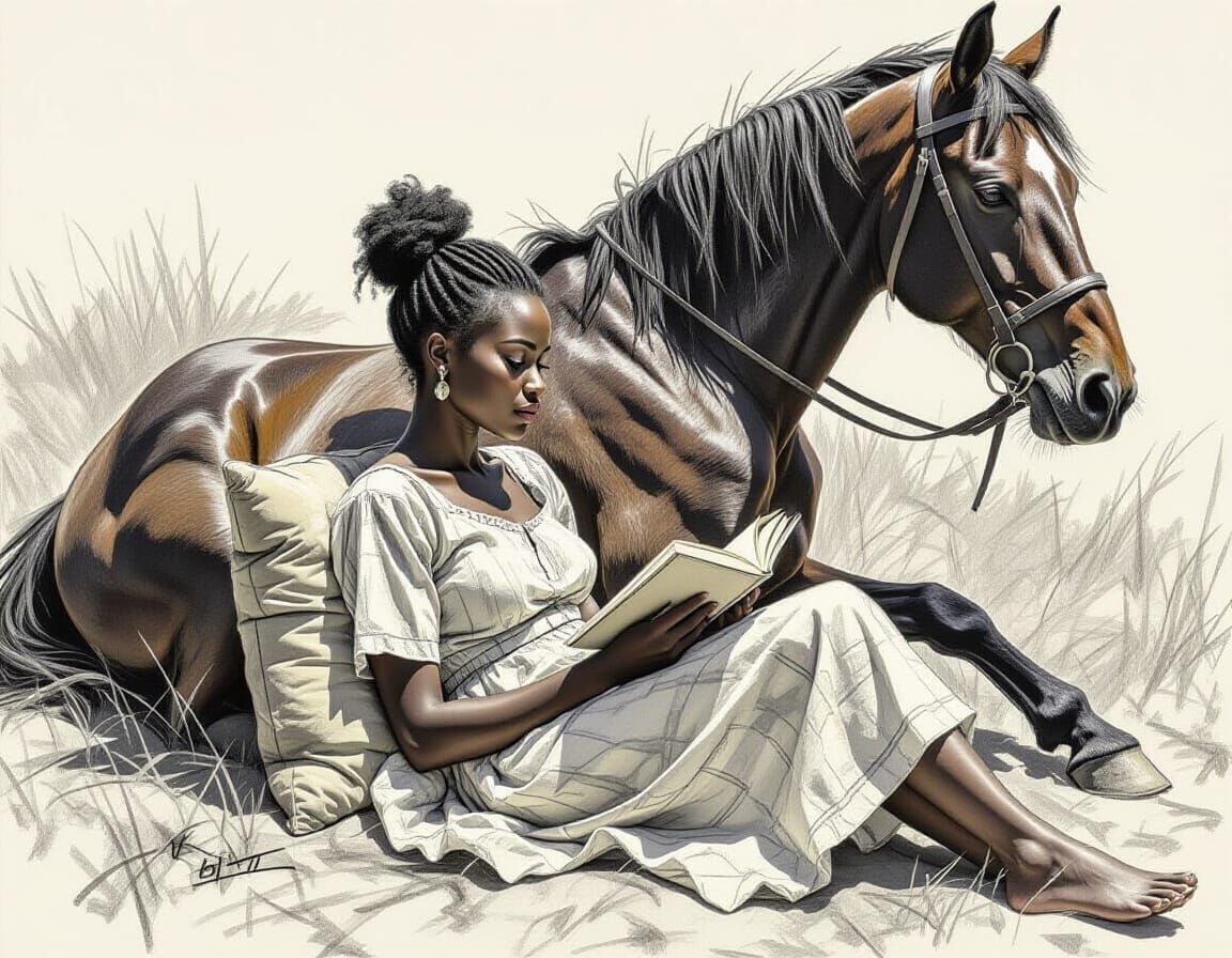 African Woman Reading with Horse in Pencil Sketch