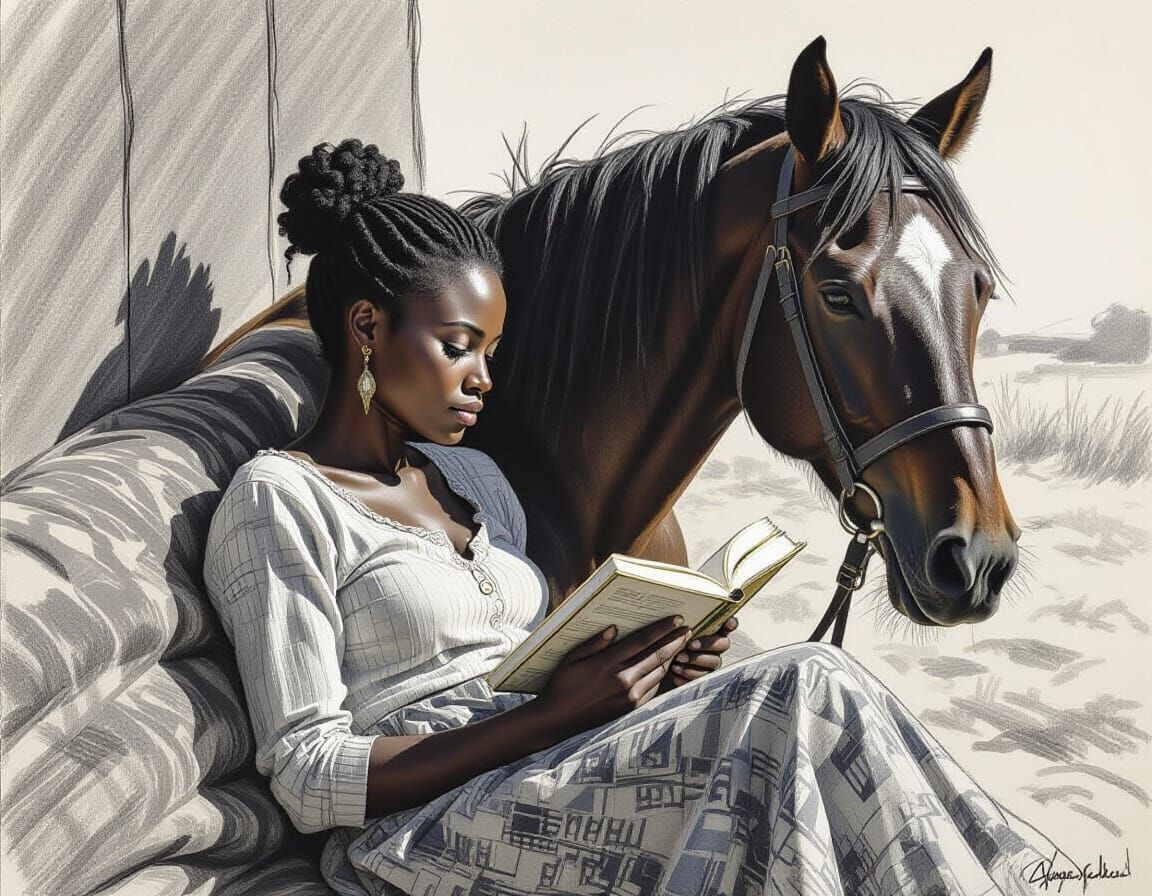 African Woman Reading: Pencil Sketch Art