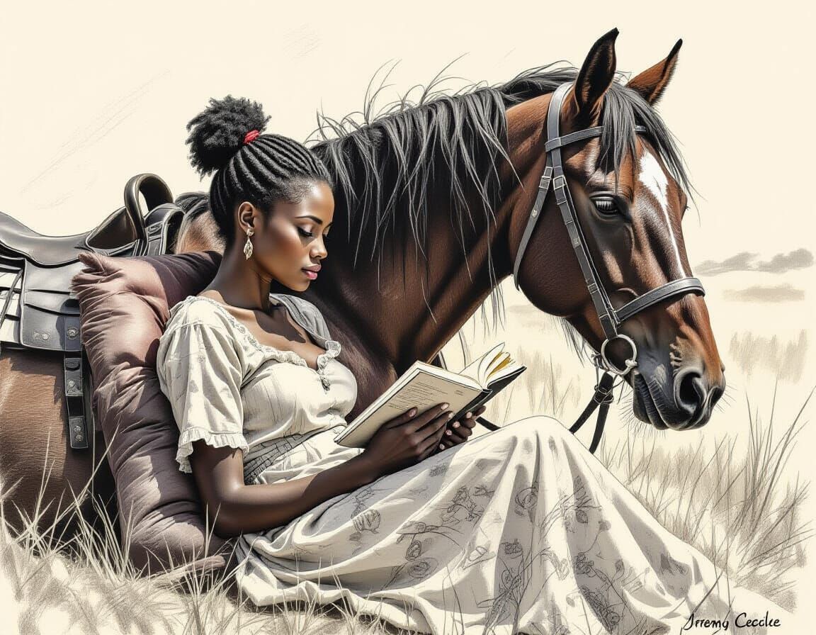 African Woman Reading, Pencil Sketch Art