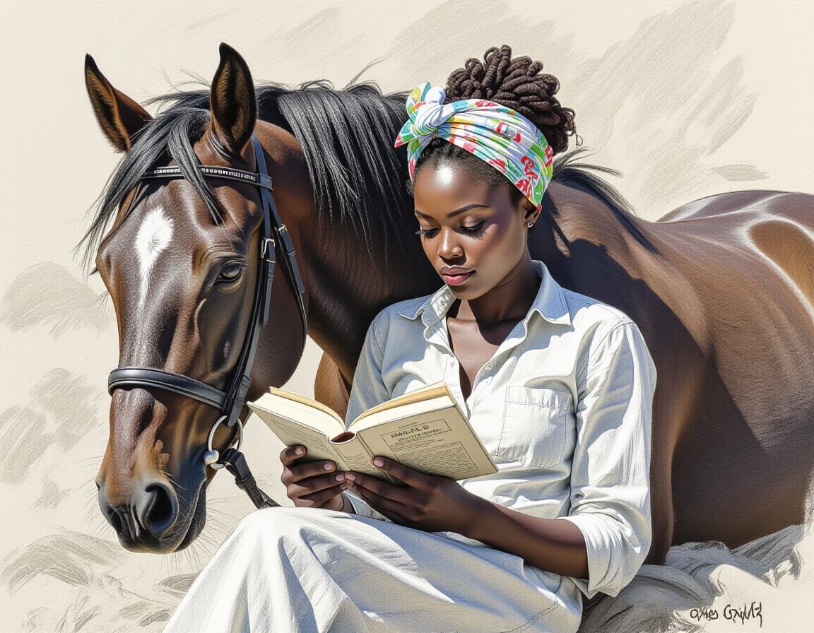African Woman Reading with Horse in Pencil Sketch Style