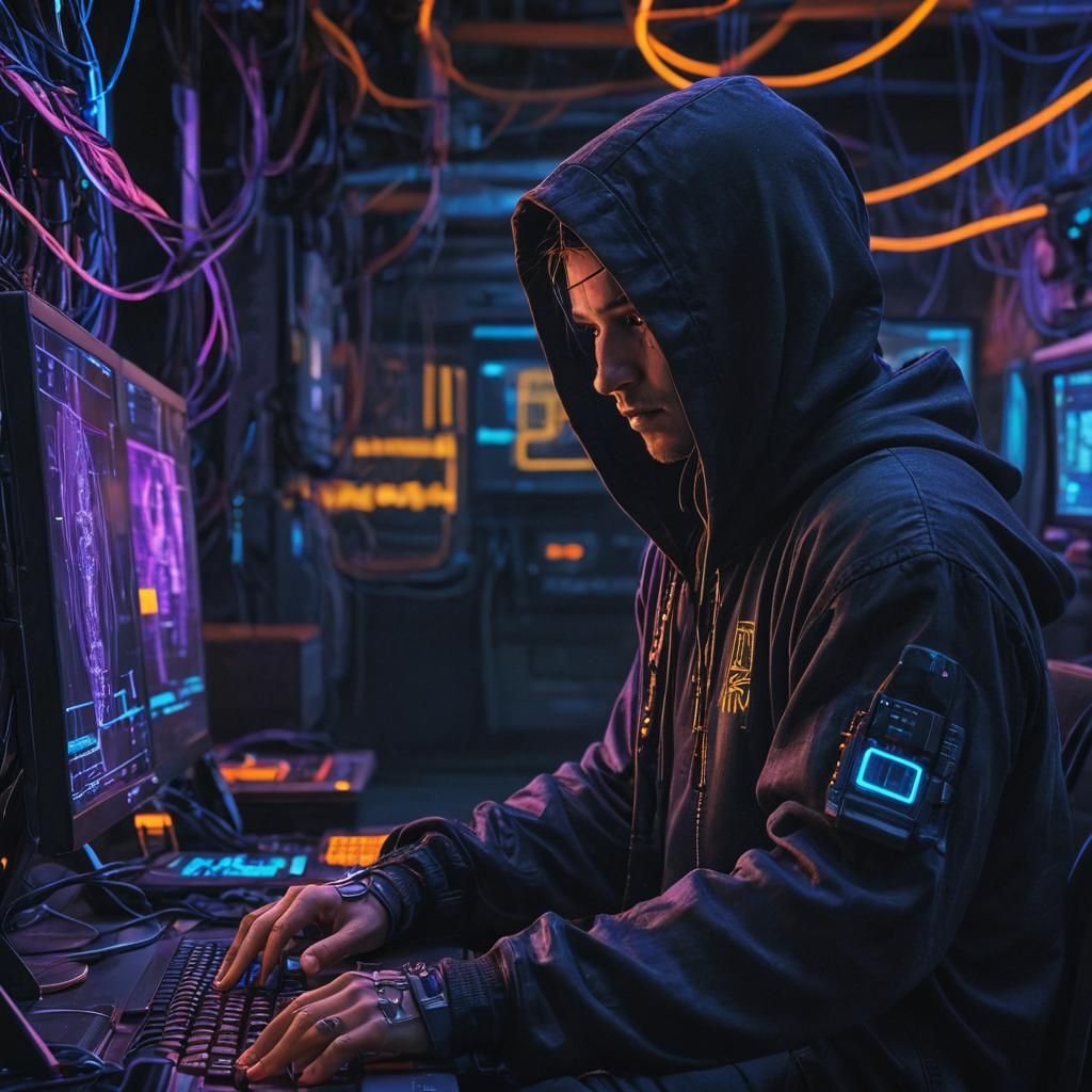 Cyberpunk Hacker Portrait in Neon Noir Style