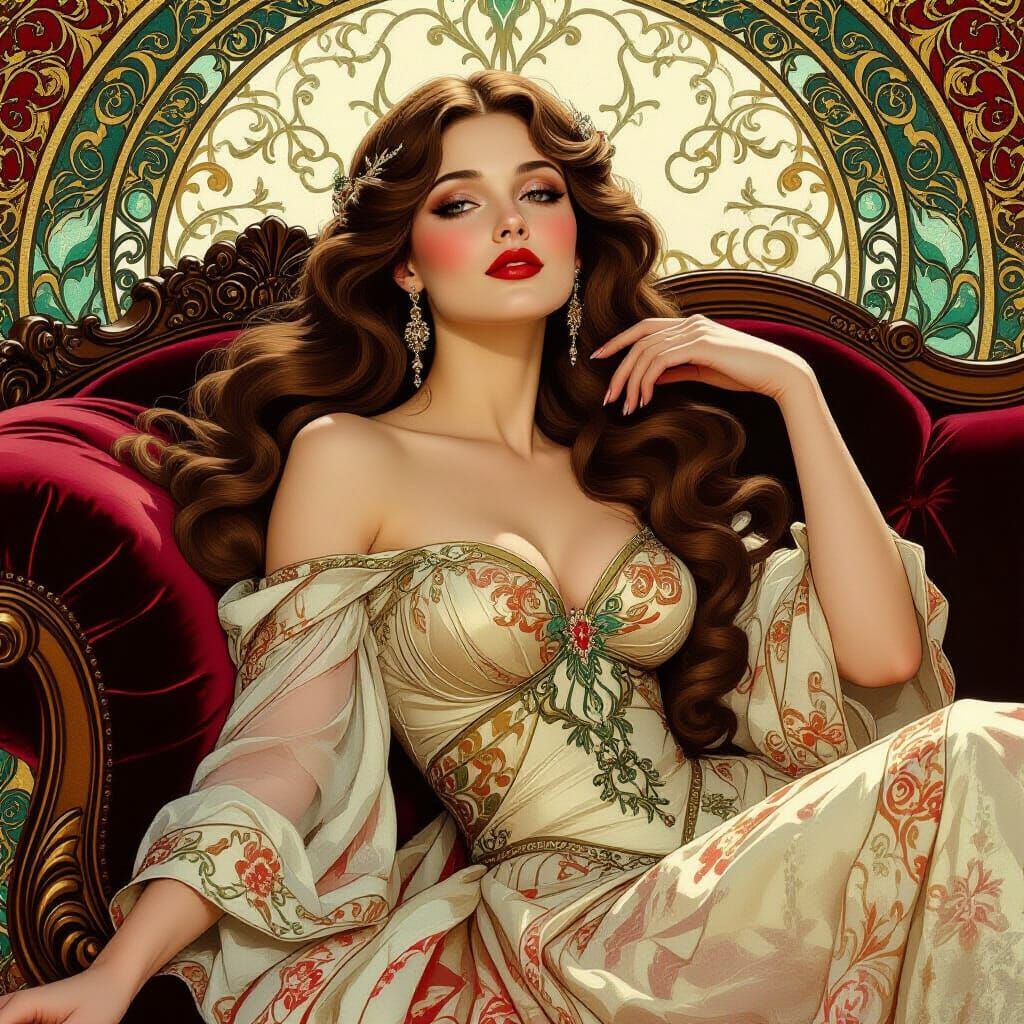 Dreamy Woman on Chaise Lounge in Art Nouveau Style