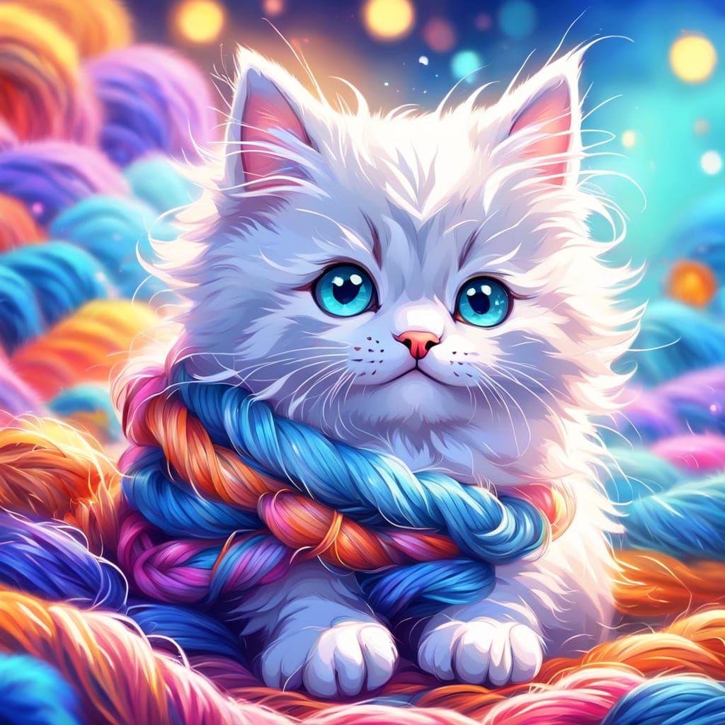 Vibrant Kitten Plays with Yarn in Cozy Digital Painting