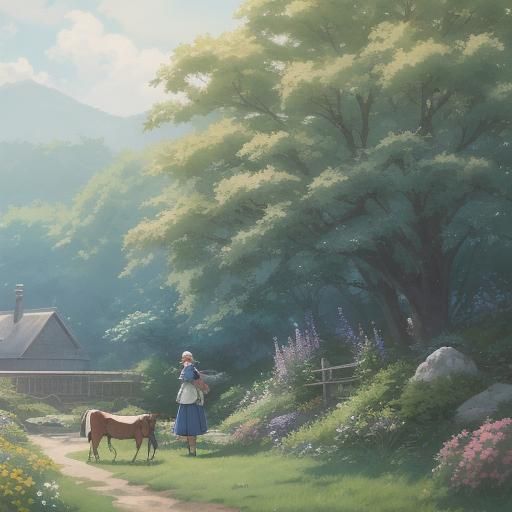 Girl Milking Cow in Anime Key Visual Style