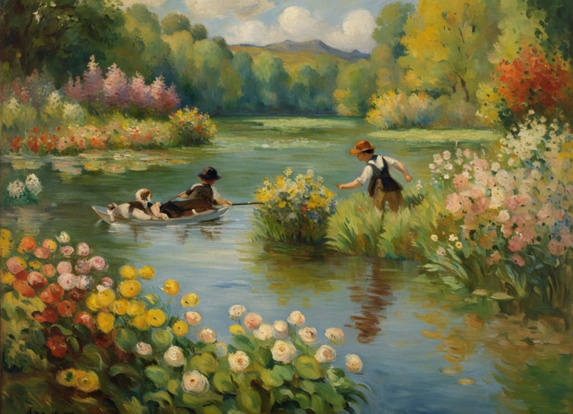 Boy and Dog in Lake: Impressionist Style