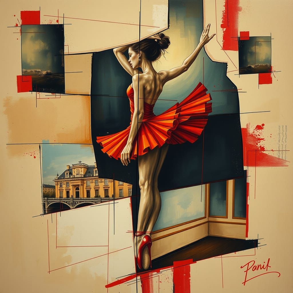 Cubist Ballerina in Red Shoes: A Geometric Dance