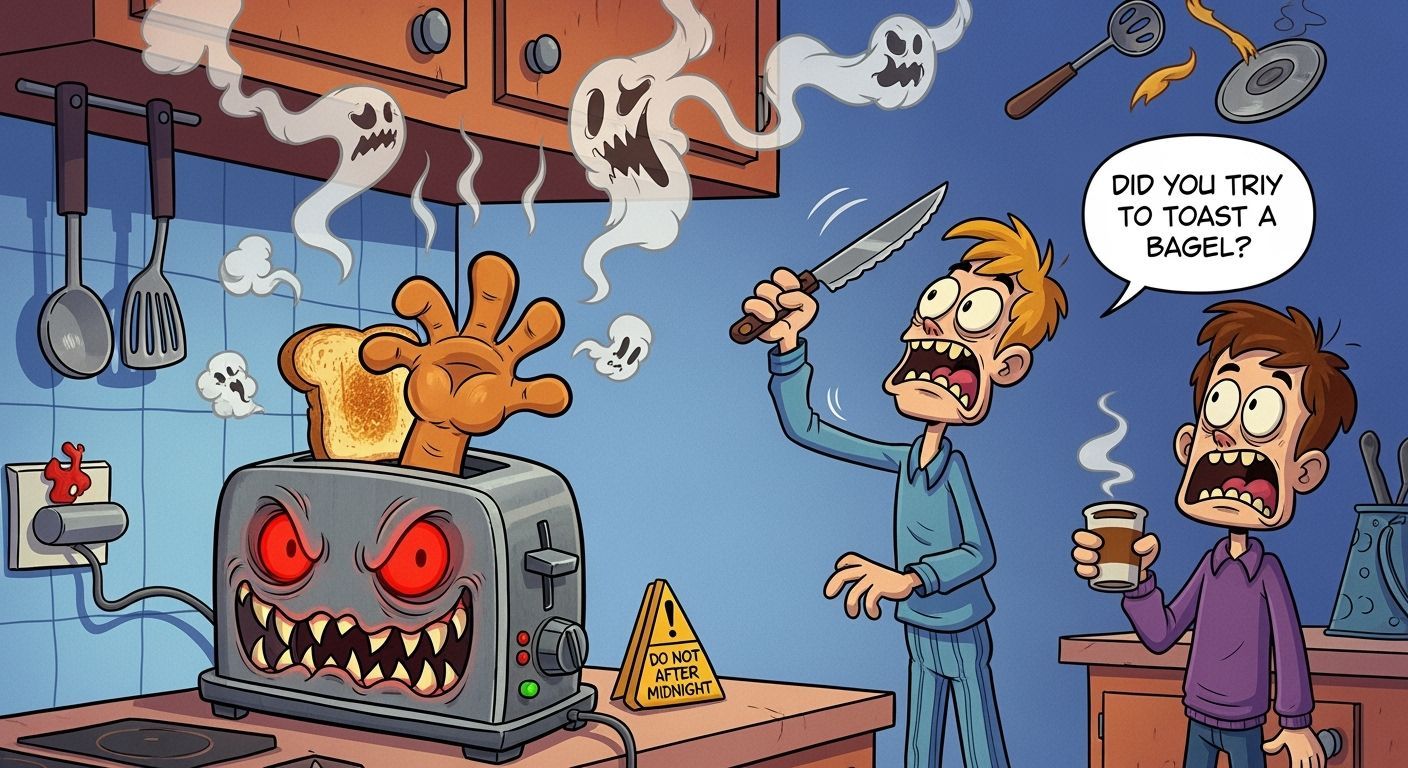 Haunted Toaster Toasts Hand in Cartoon Kitchen