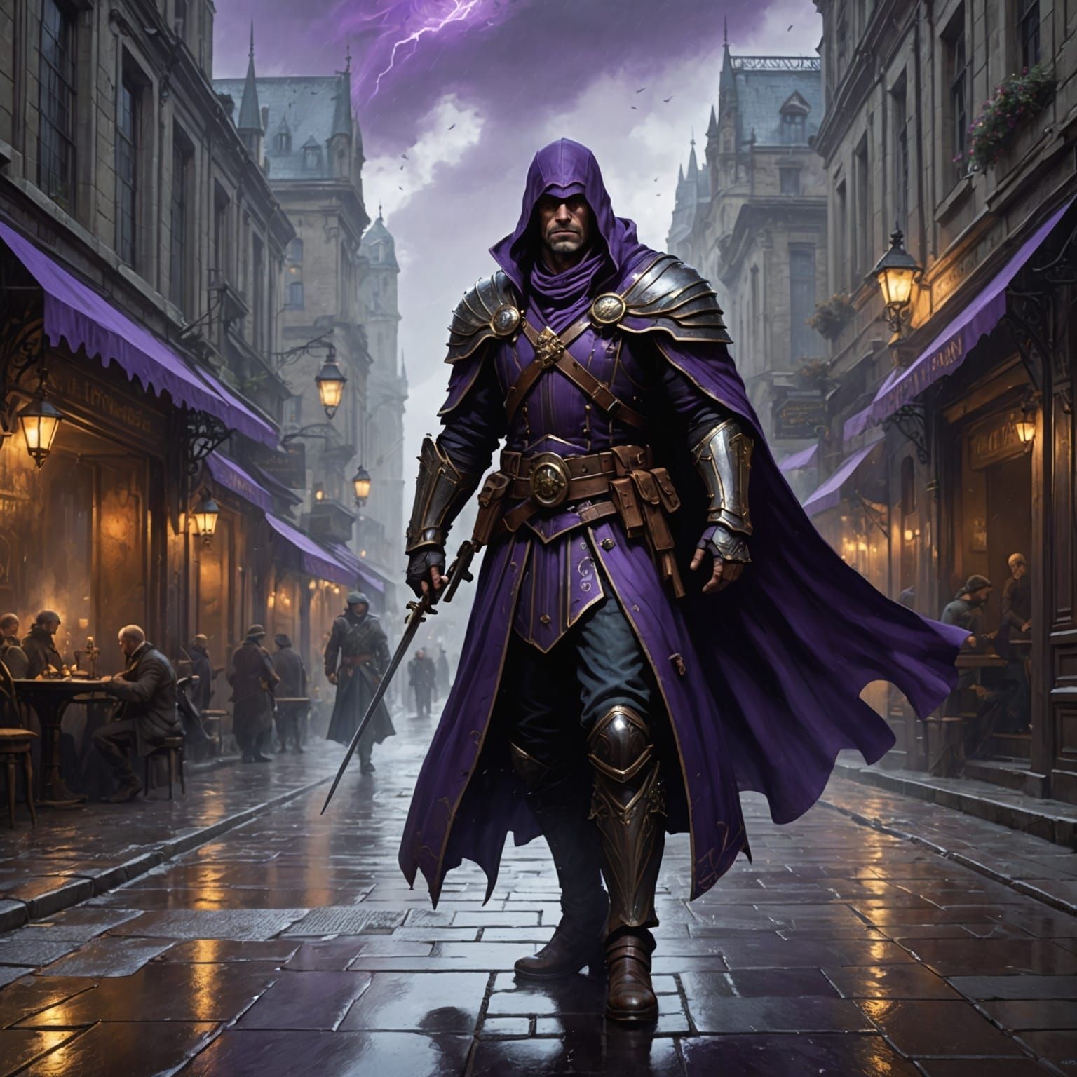 Lone Knight Confronts Enemy Army in Rainy Landscape