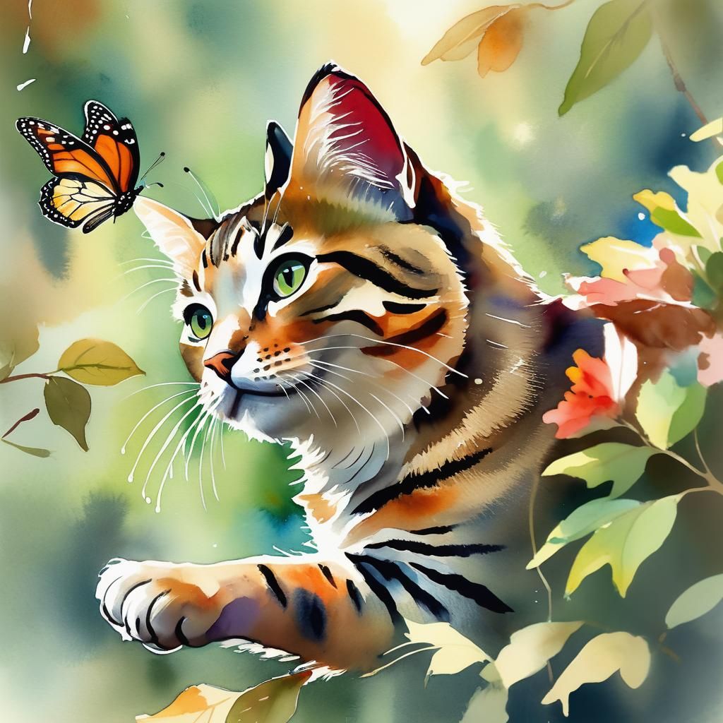 Whimsical Watercolor: Tabby Cat and Monarch Butterfly