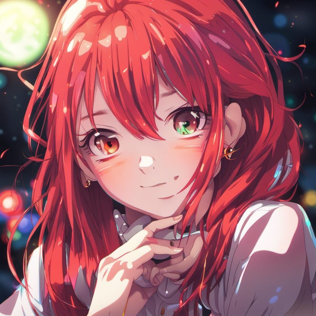 Red-Haired Anime Girl with Neon Eyes Smiling