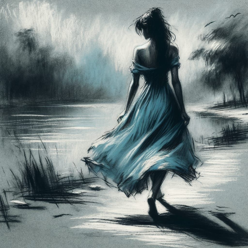 Woman in Blue Sundress Strolls by Peaceful Lake in Charcoal ...