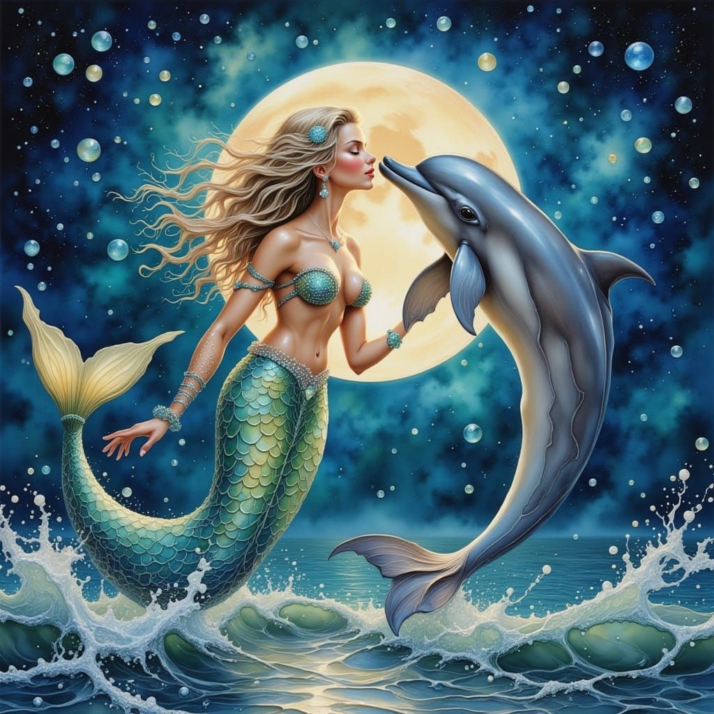 Enchanted Mermaid and Dolphin Under Moonlit Waves