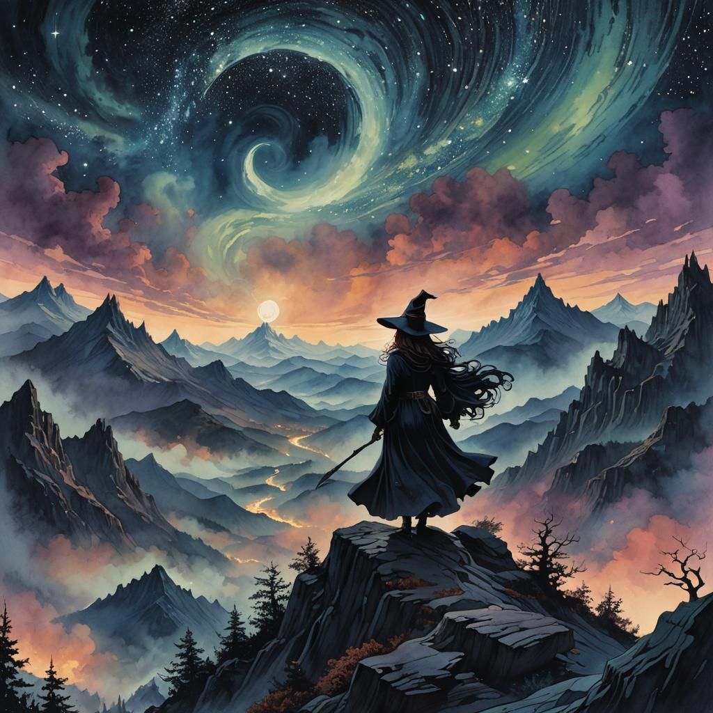 Witch Under Zaffre Starry Night, Gothic Fantasy Art