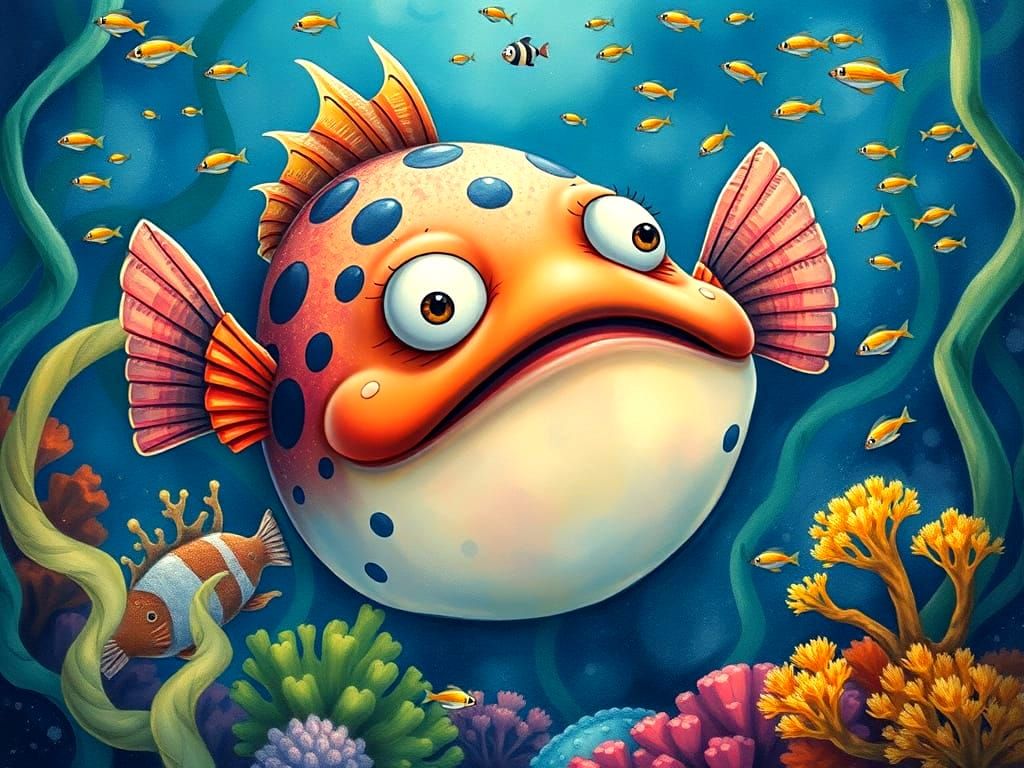 Surreal Underwater Scene with a Comical Puffer Fish