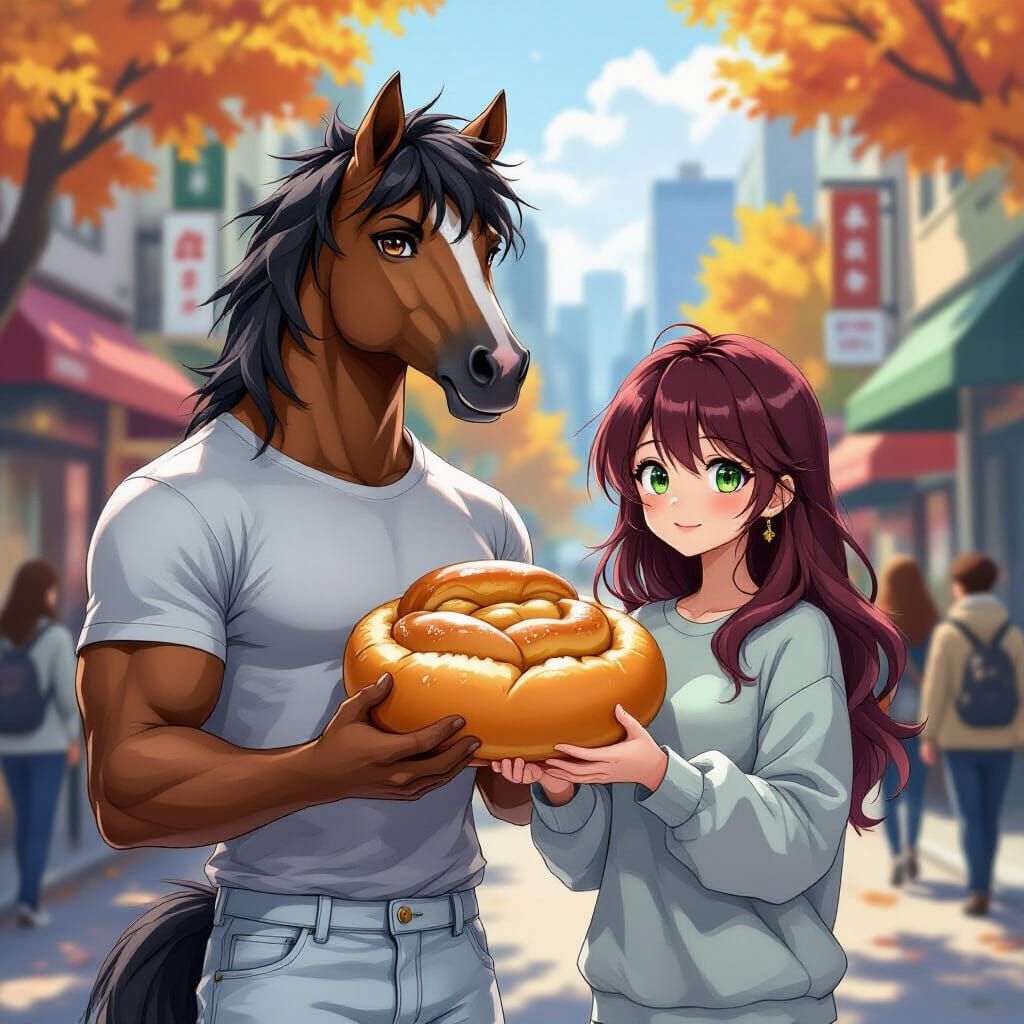 Centaur with Horse Head in City, Anime Style