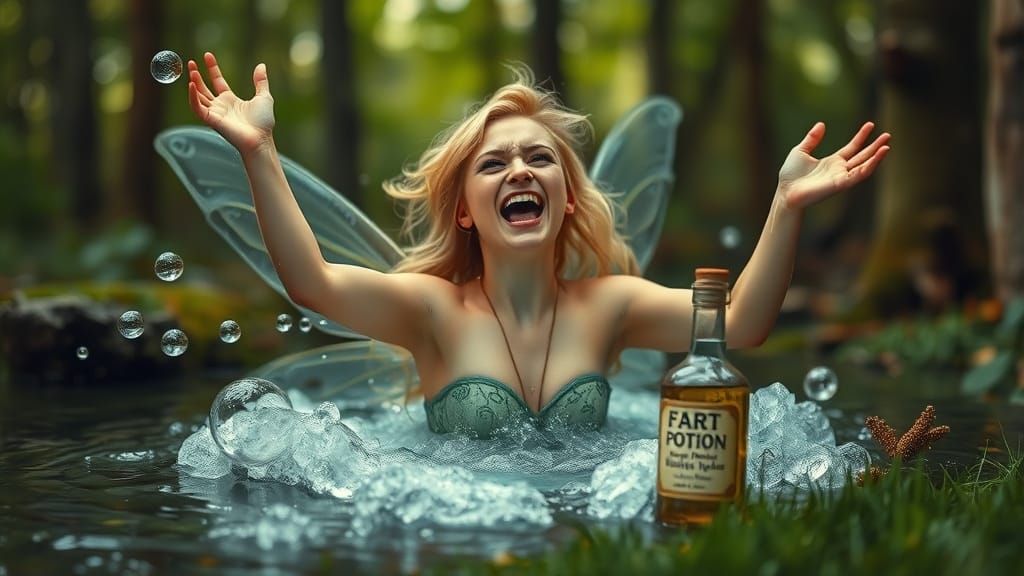 Blond Fairy in Magical Forest Pool, Photorealistic Style