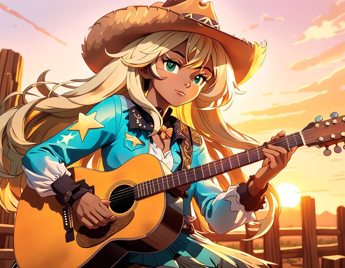 Anime Cowgirl Guitarist in Vibrant Sunset Colors
