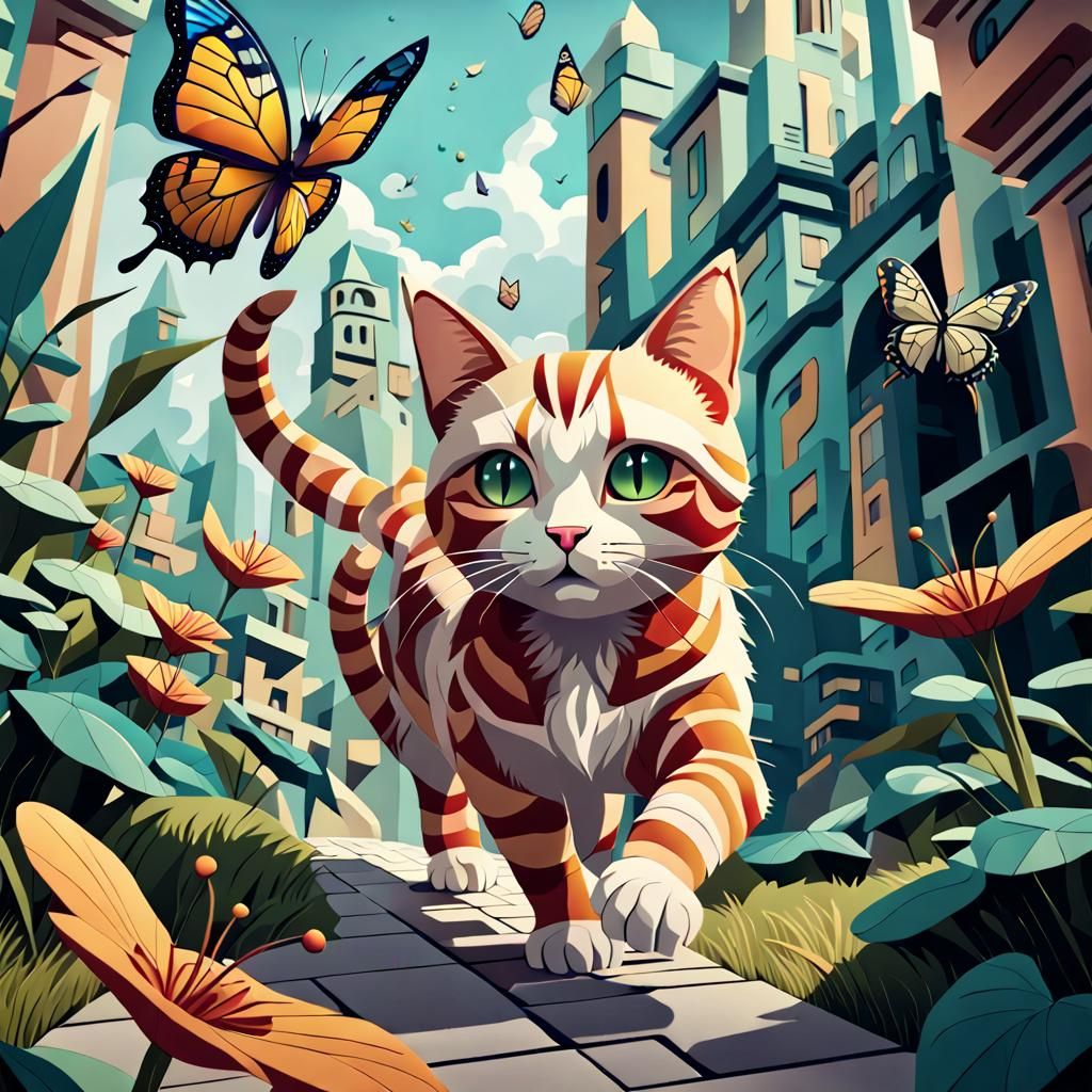 Cat Chasing Butterfly in Cubist Art Deco Style