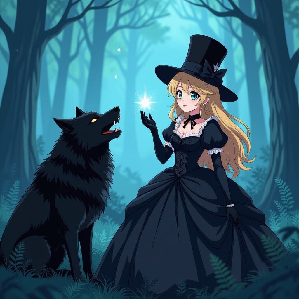 Alice in Wonderland in Black Wedding Dress with Wolf