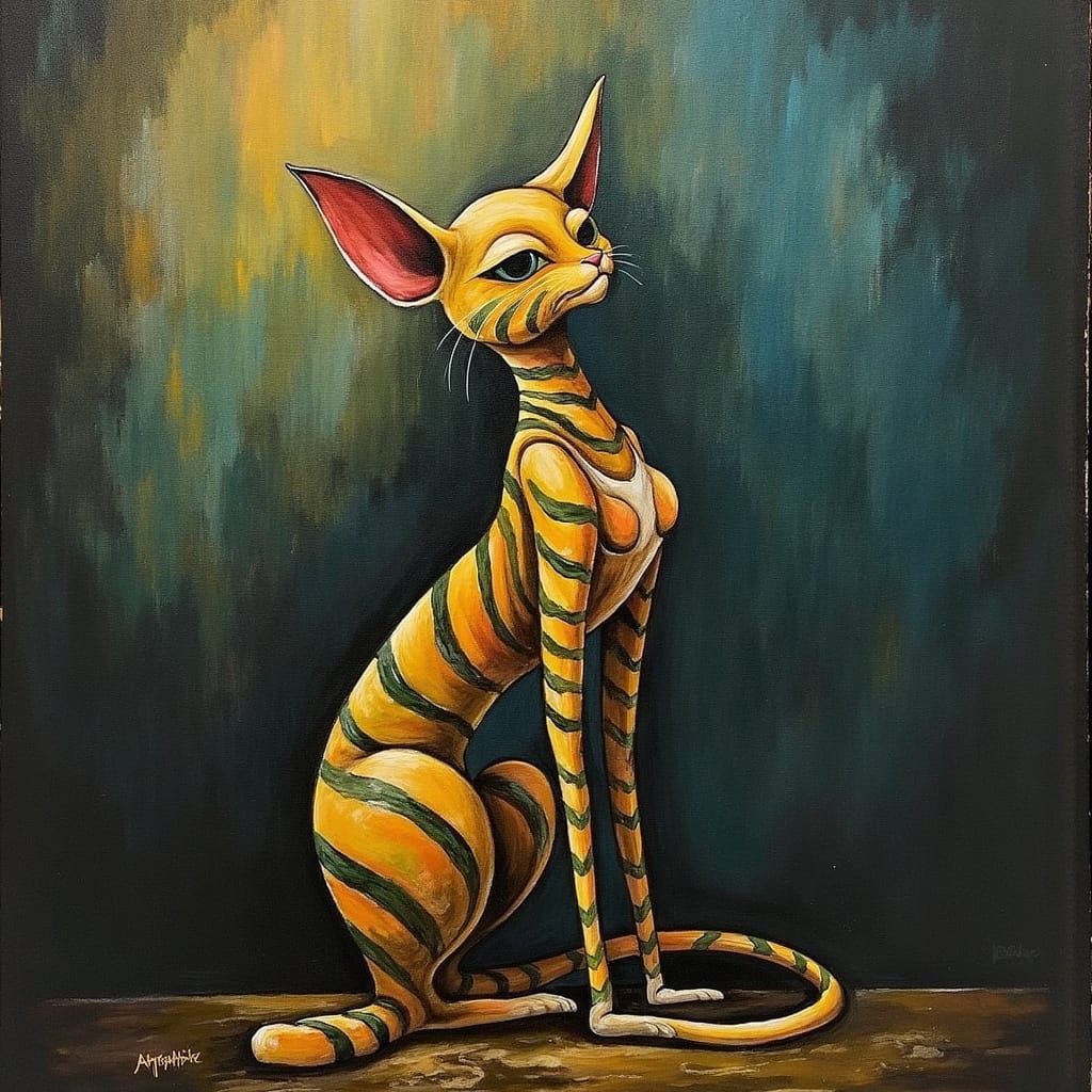 Mystical Striped Cat in Dark Fantasy Watercolor Style