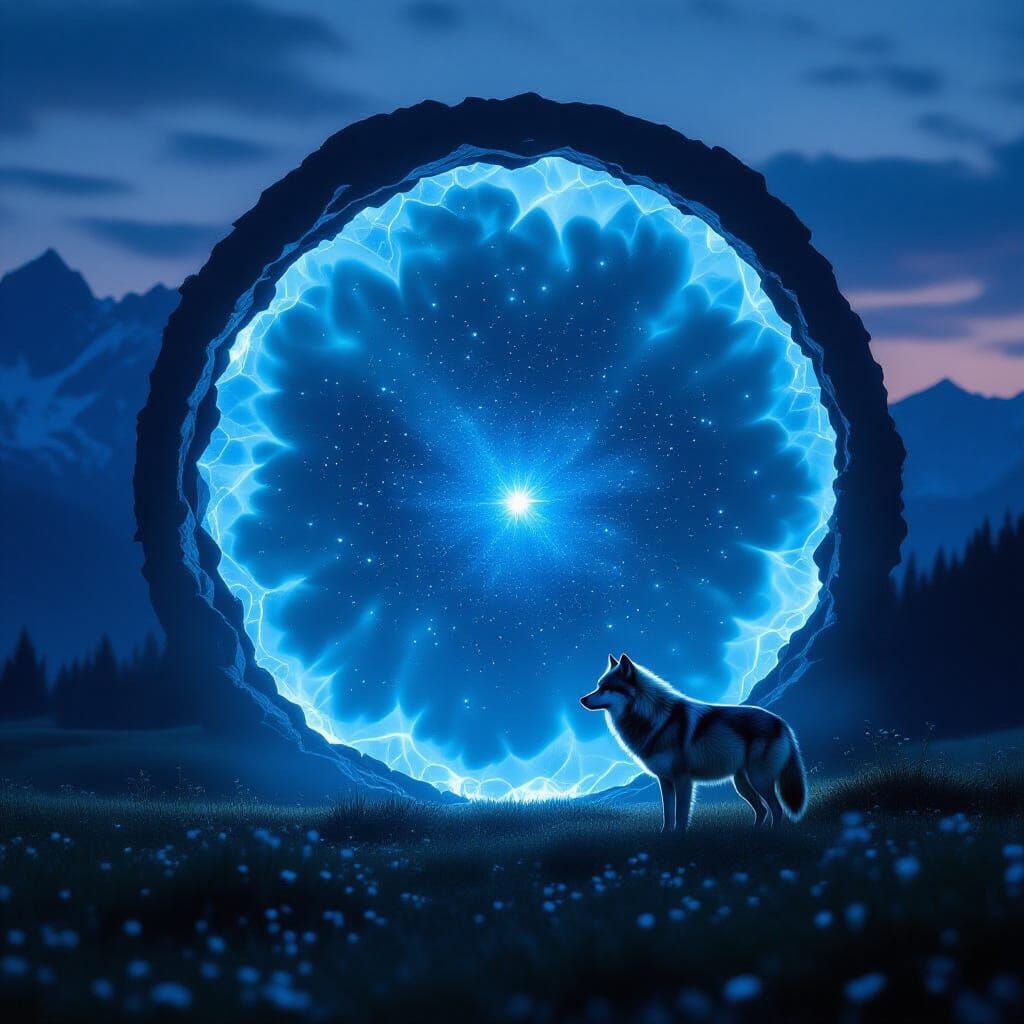 Lone Wolf Before Ethereal Portal in Mountain Meadow
