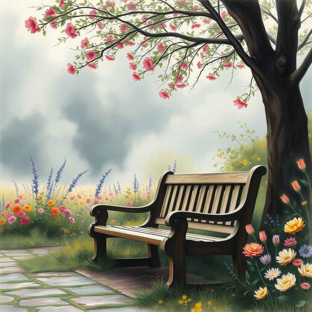 Floral Park Bench in Ethereal Impressionist Style
