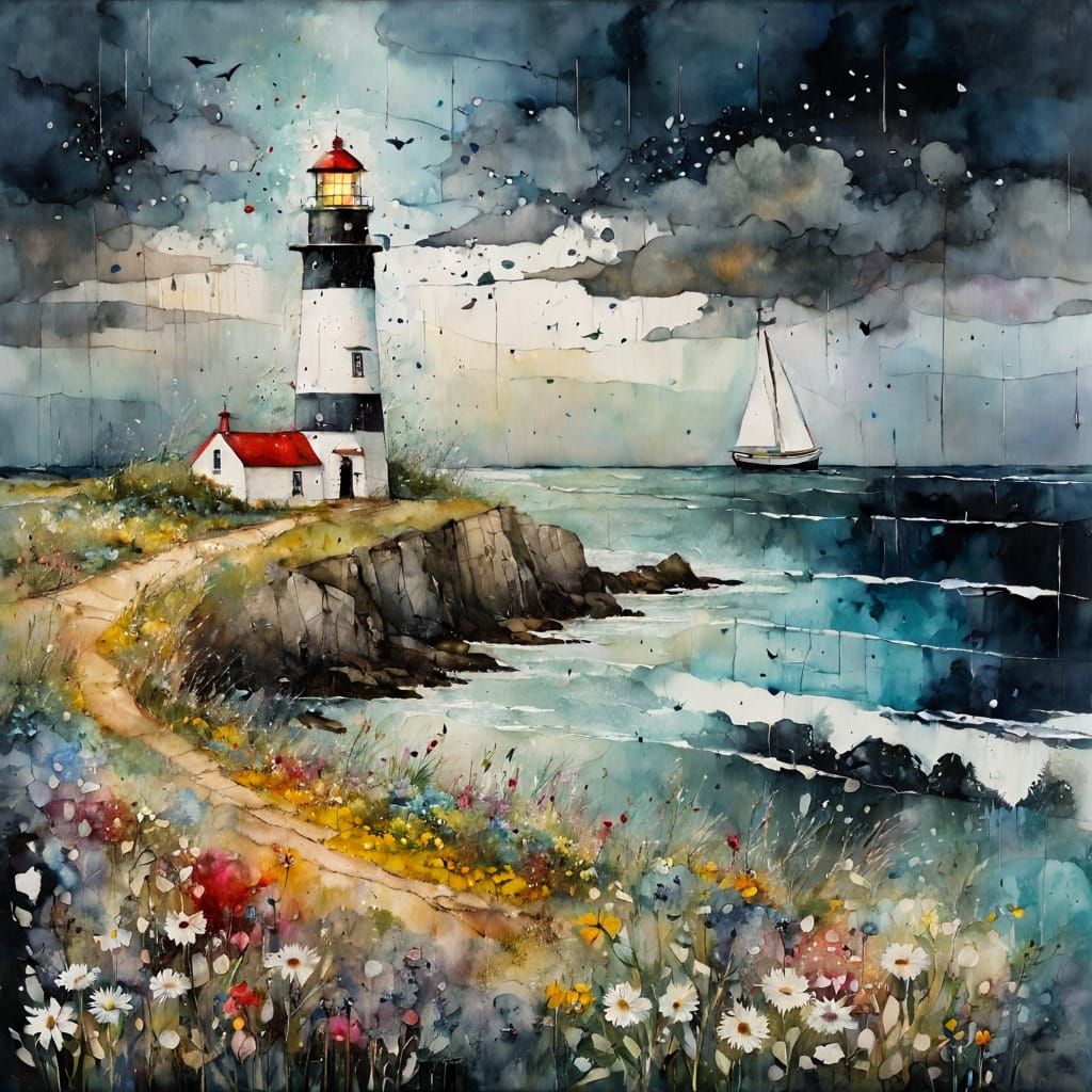Seashore Lighthouse and Sailboat in Encaustic Style