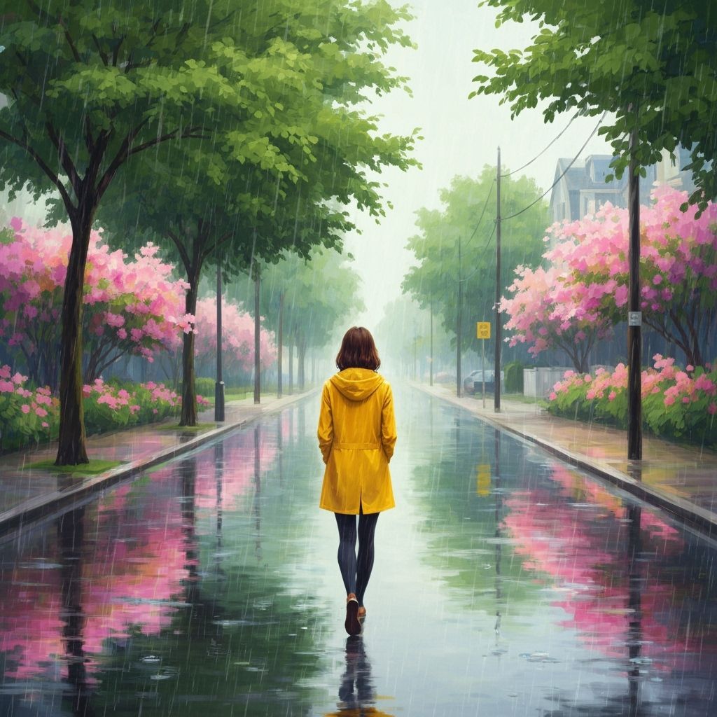 Woman in Yellow Raincoat, Impressionistic Summer Street