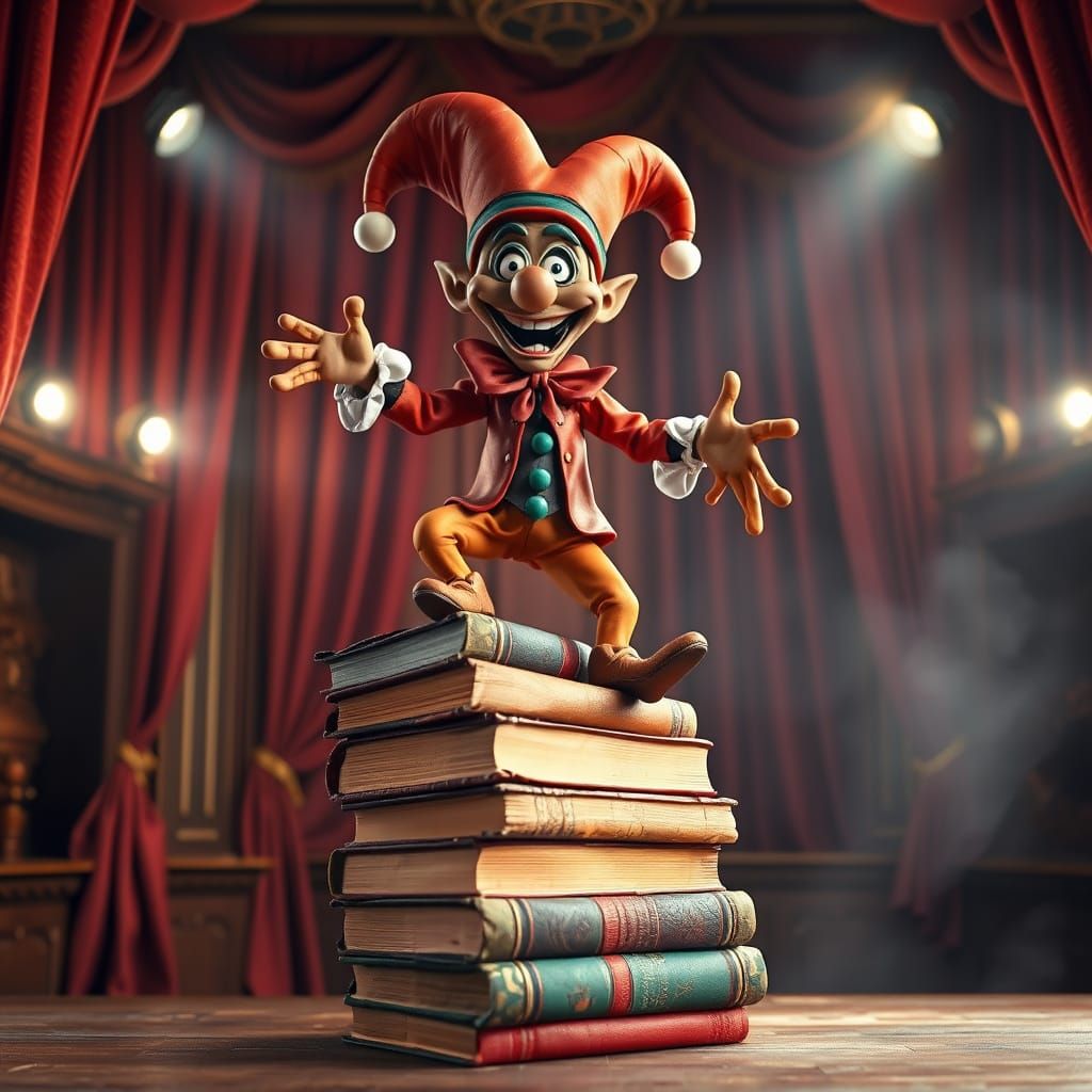 Mischievous Clay Scaramouche Jester Performs on Stage