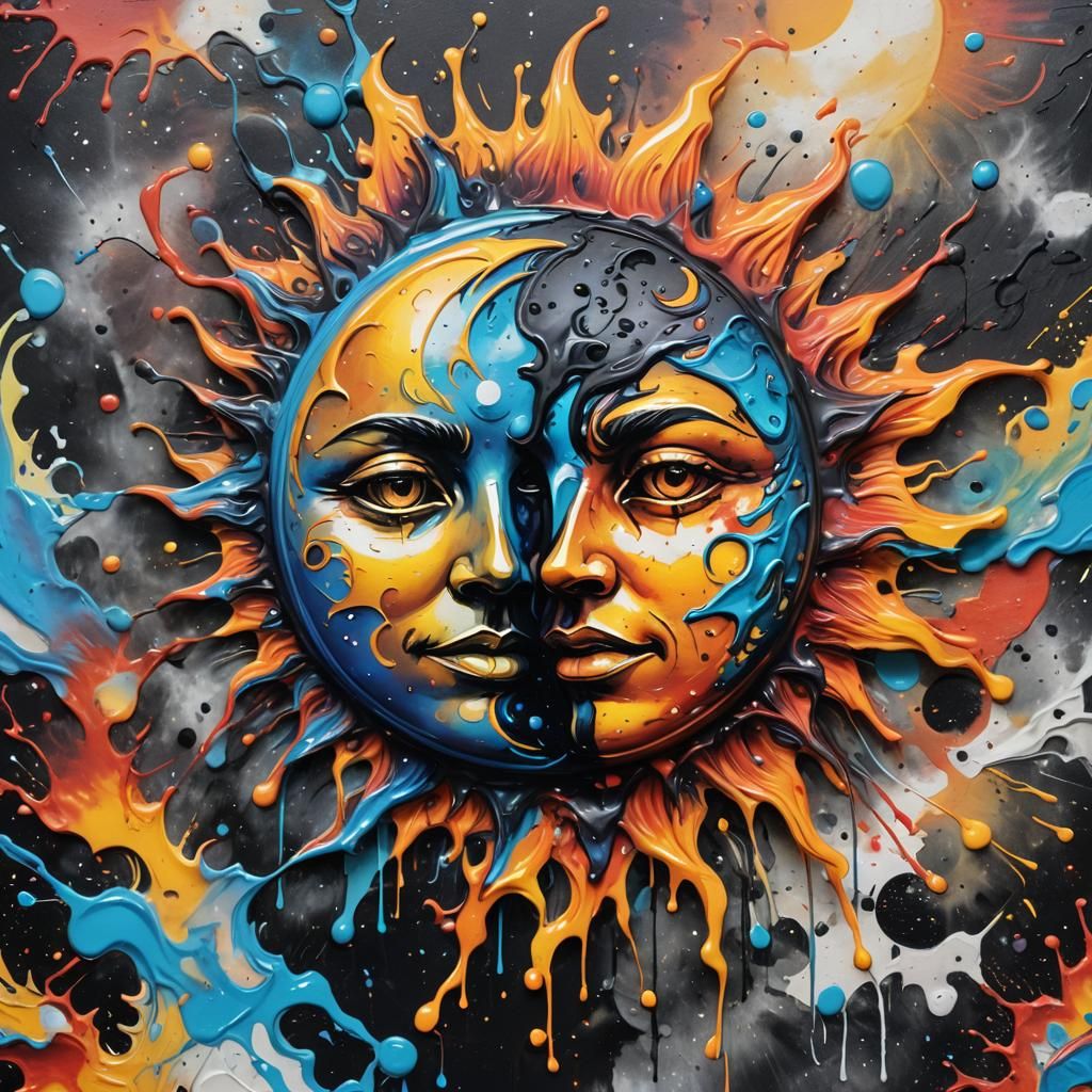 Sun and Moon Merge in Graffiti Splash Art