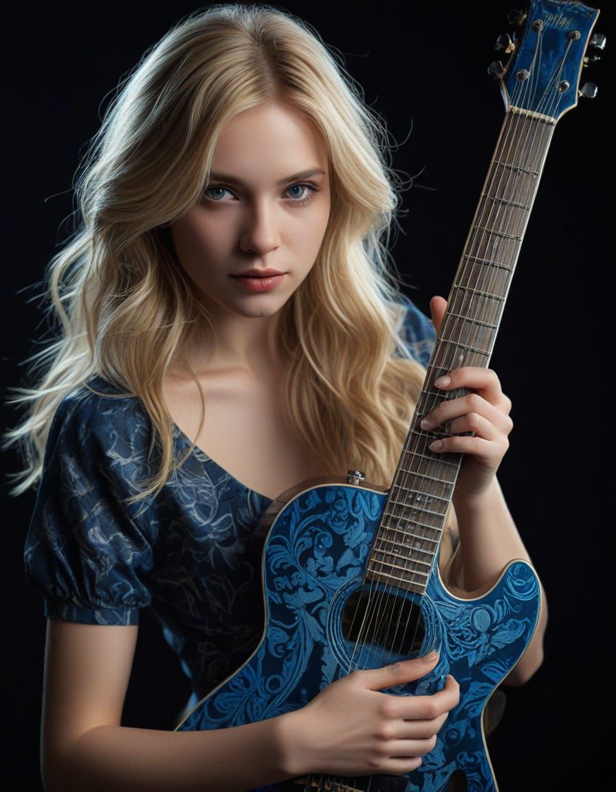 Transparent Guitar with Delft Blue Print and Female Face