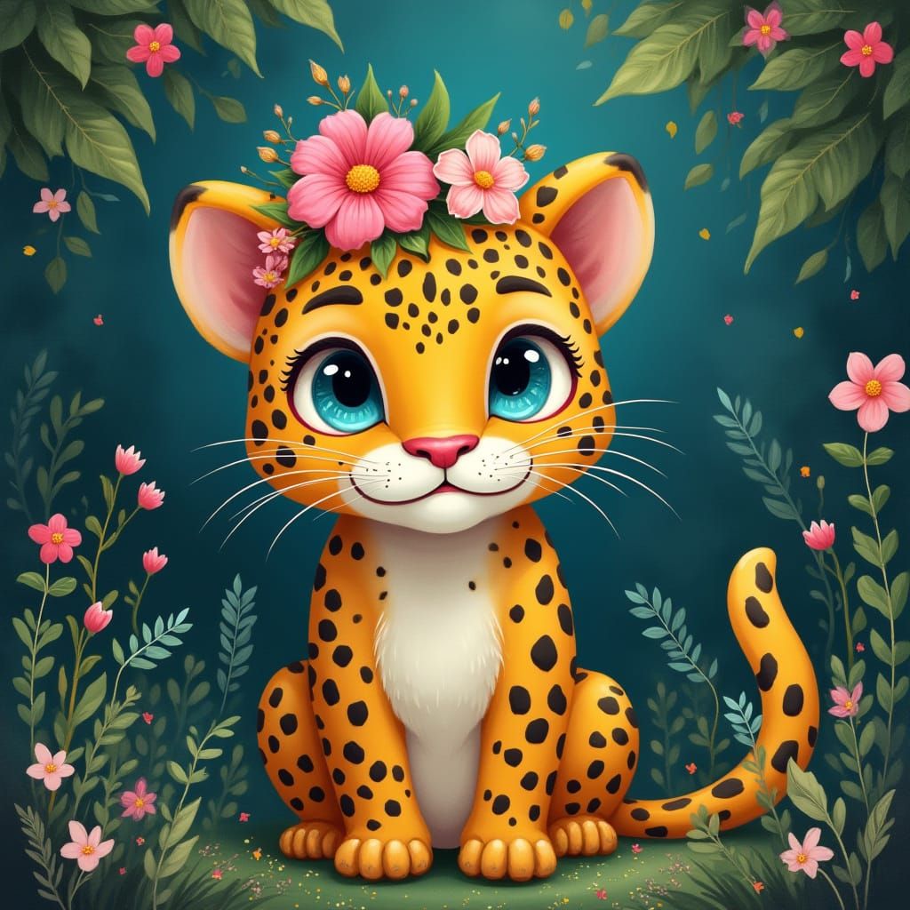 Jaguar with Floral Crown in Lush Forest