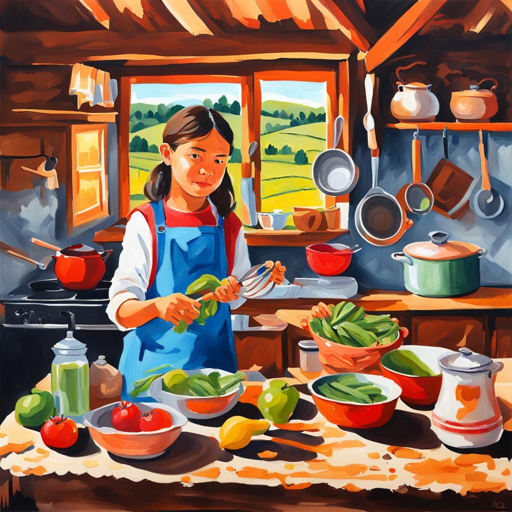 Babigiz in Rural Kitchen: Gouache Masterpiece