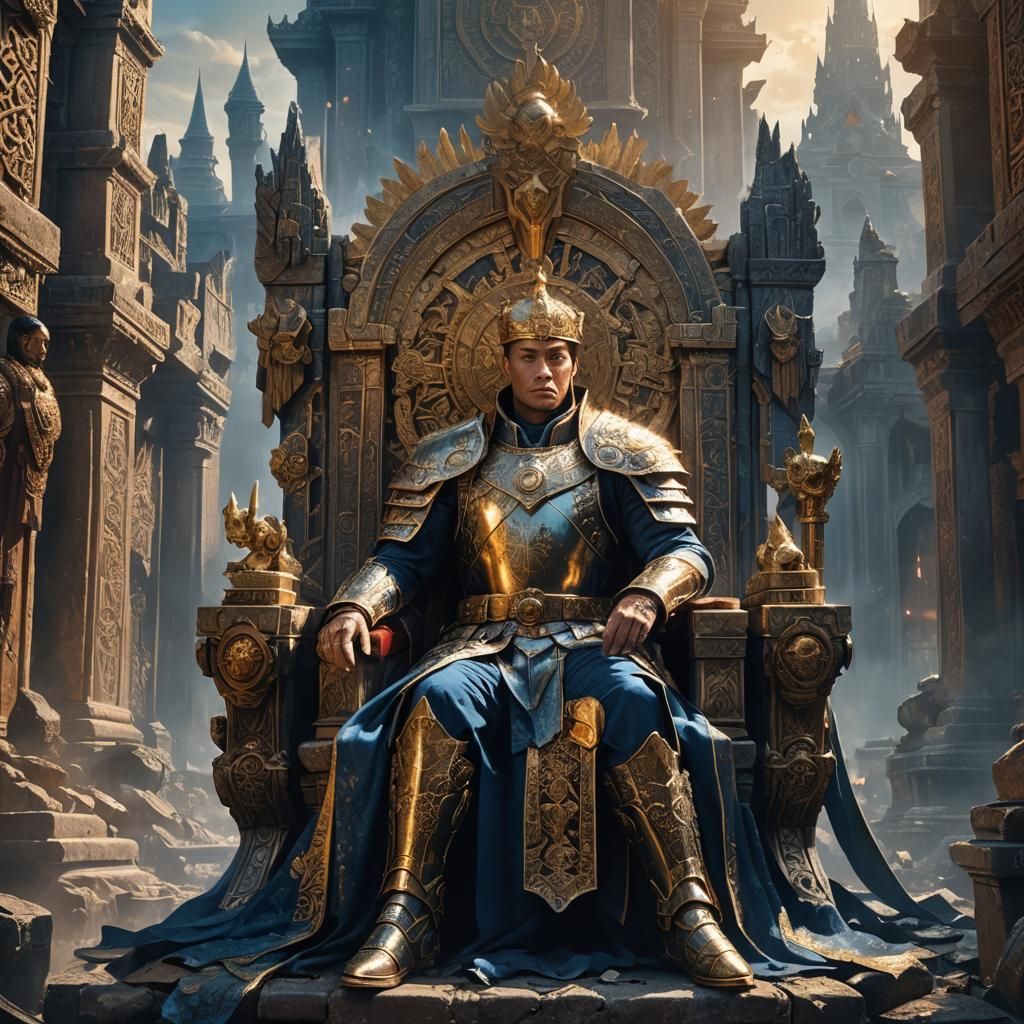 Fantasy Emperor on Throne Amidst Ruined Cityscape
