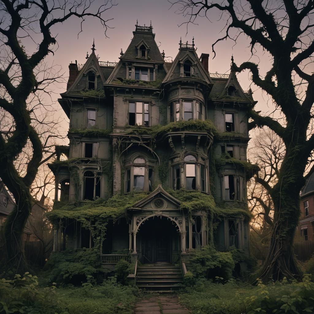 Haunted Victorian Mansion at Dusk: Ominous Landscape