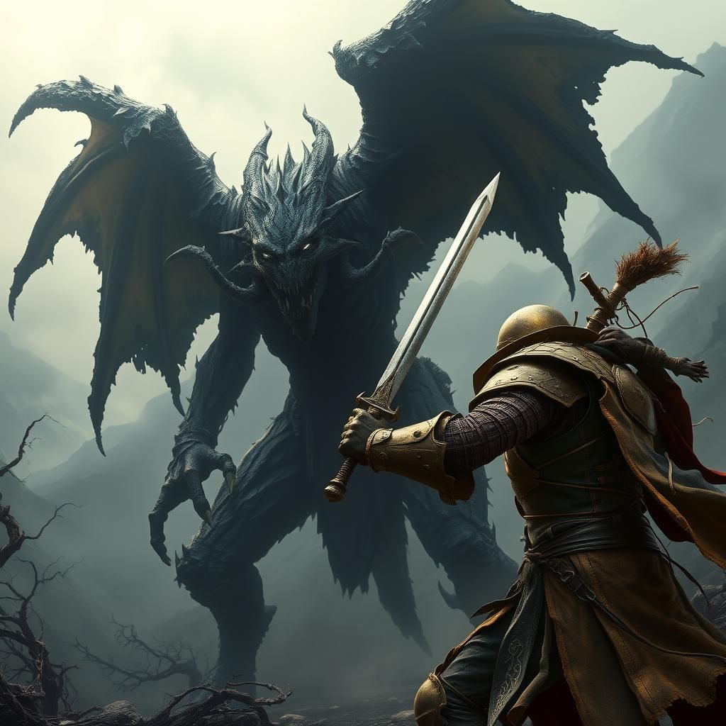 Epic Battle: Hero vs. Demonic Entity in Dark Fantasy