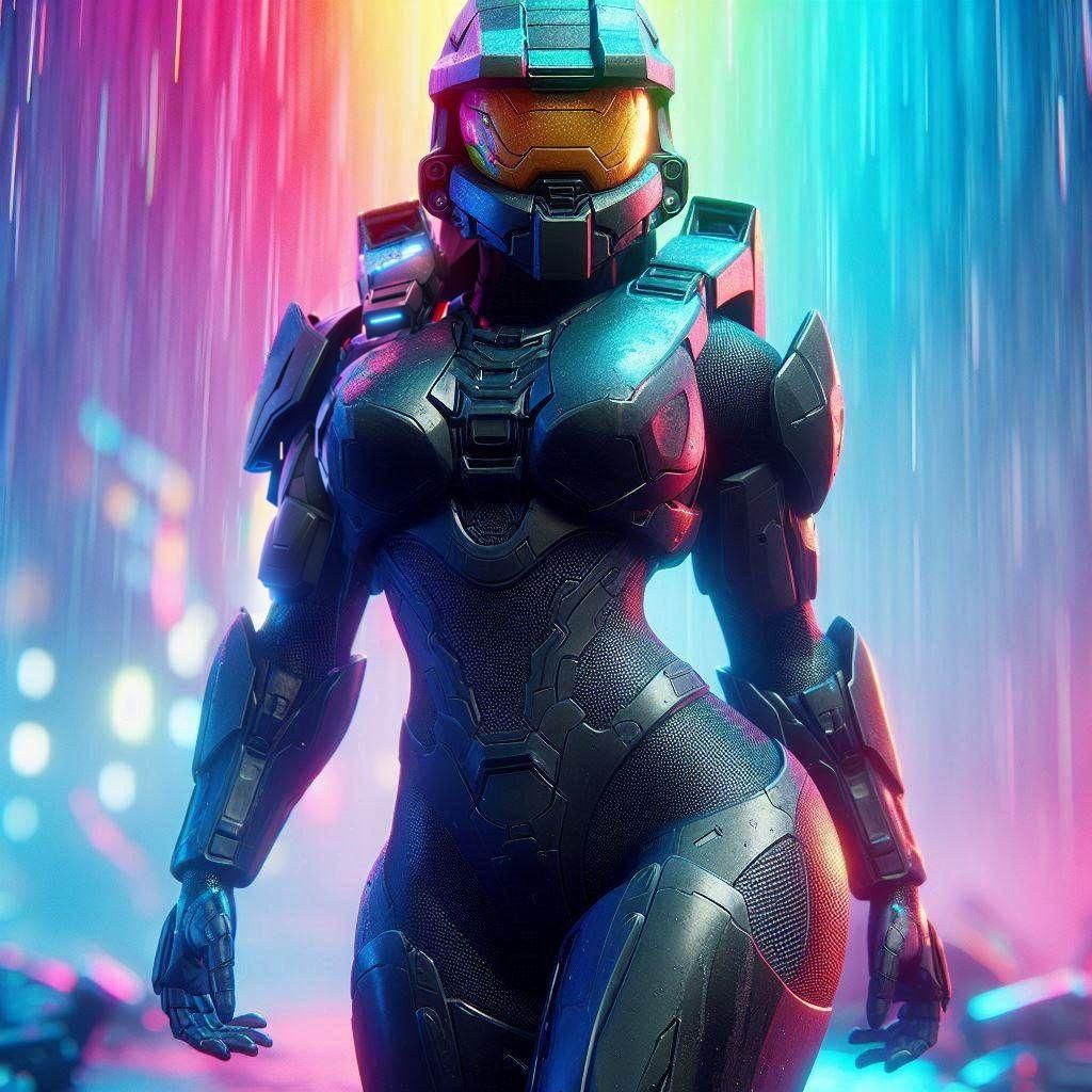 Halo Spartan in Rainy Sci-Fi Anime Scene