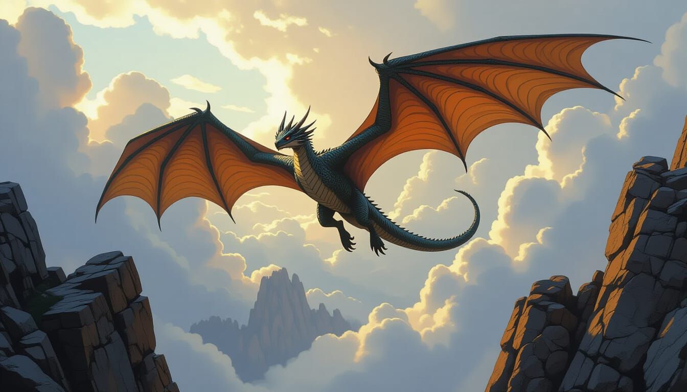 Wyvern Soaring Over Rocky Landscape as Digital Painting