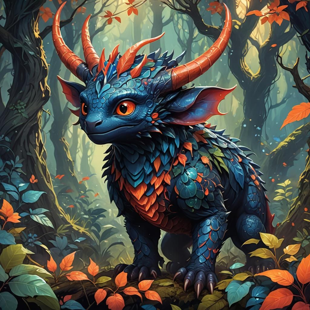 Cute Red Creature in Mystical Forest: Fantasy Art
