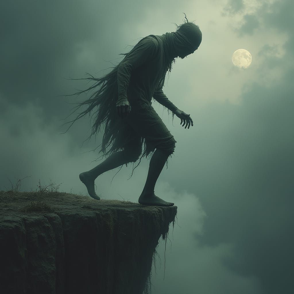 Ominous Fool Tarot Card in Surreal Horror Style