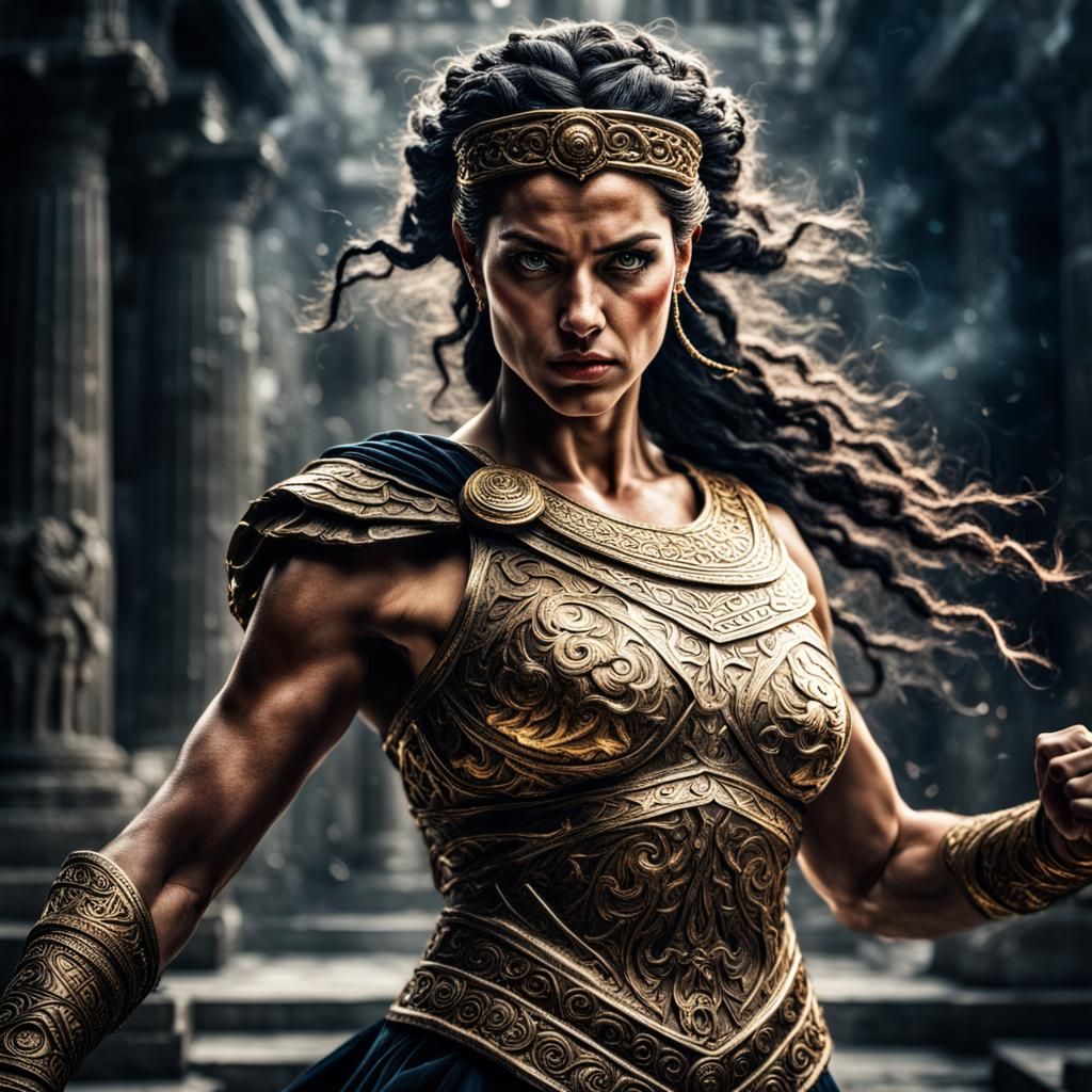 Hyperrealistic Greek Goddess Ready for Battle