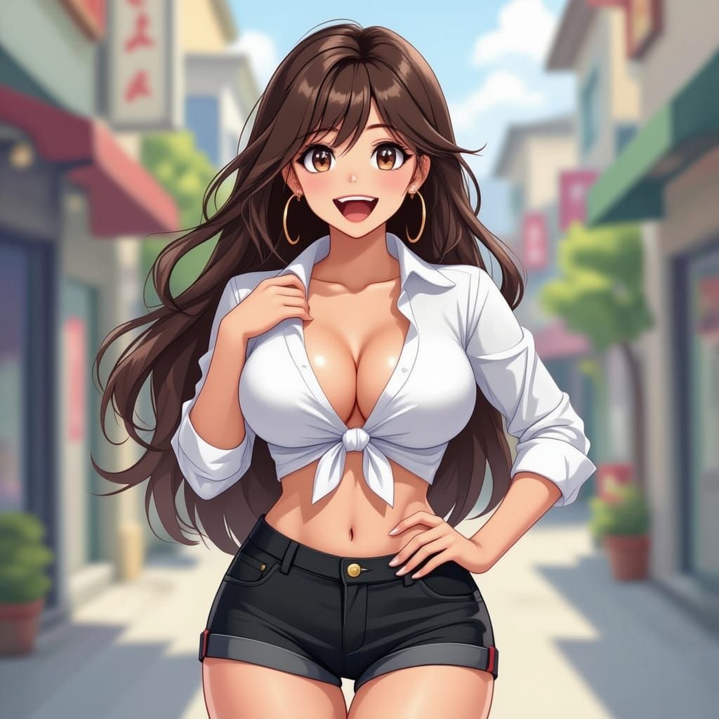 Confident Anime Woman Showcasing Voluptuous Figure