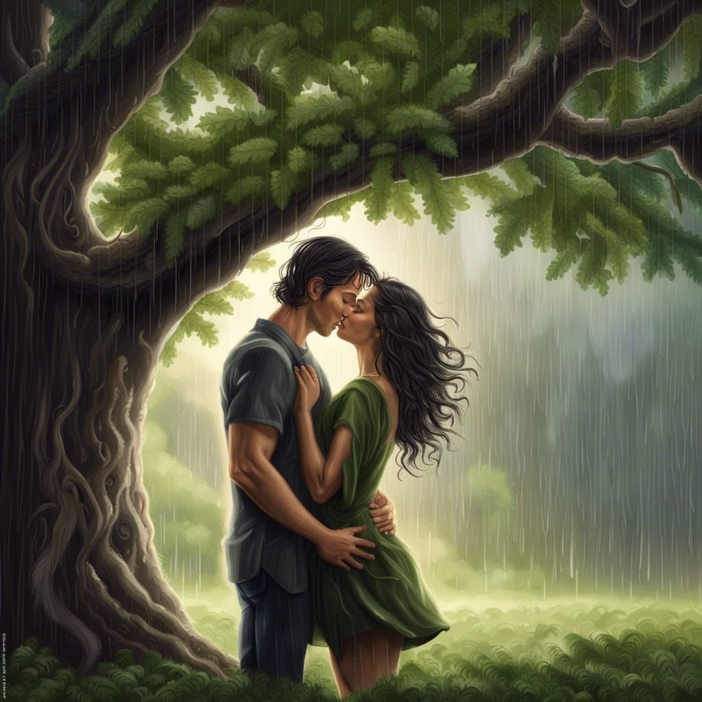 Couple Kissing Under Oak Tree During Summer Storm